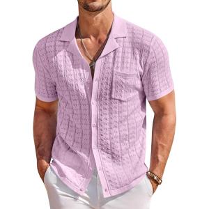 COOFANDY Men’s Knit Button Down Shirt Short Sleeve Vintage Polo Shirts Summer Casual Beach Tops(Pink)