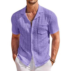 COOFANDY Men’s Knit Button Down Shirt Short Sleeve Vintage Polo Shirts Summer Casual Beach Tops(Purple)