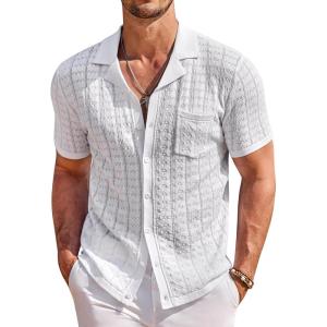 COOFANDY Men’s Knit Button Down Shirt Short Sleeve Vintage Polo Shirts Summer Casual Beach Tops(White)