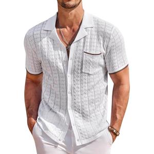 COOFANDY Men’s Knit Button Down Shirt Short Sleeve Vintage Polo Shirts Summer Casual Beach Tops(White&brown)