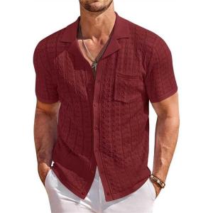 COOFANDY Men’s Knit Button Down Shirt Short Sleeve Vintage Polo Shirts Summer Casual Beach Tops(Wine Red)