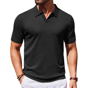 COOFANDY Mens Knit Polo Shirts V Neck Short Sleeve Stretch Polo T Shirt Casual Golf Shirts(Black)