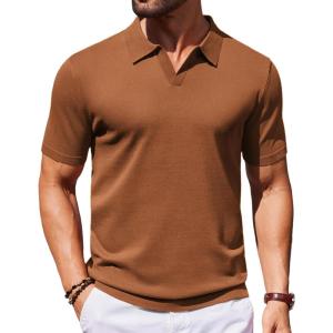 COOFANDY Mens Knit Polo Shirts V Neck Short Sleeve Stretch Polo T Shirt Casual Golf Shirts(Caramel)