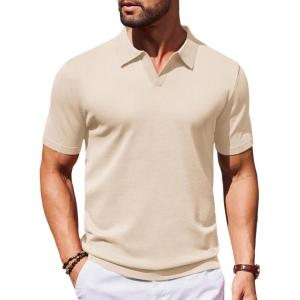COOFANDY Mens Knit Polo Shirts V Neck Short Sleeve Stretch Polo T Shirt Casual Golf Shirts(Champagne)