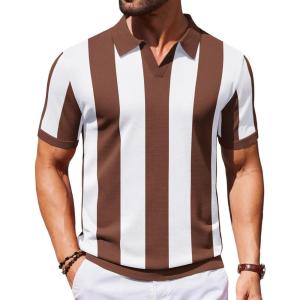 COOFANDY Mens Knit Polo Shirts V Neck Short Sleeve Stretch Polo T Shirt Casual Golf Shirts(Coffee – White Stripes)