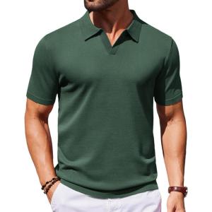 COOFANDY Mens Knit Polo Shirts V Neck Short Sleeve Stretch Polo T Shirt Casual Golf Shirts(Dark Green)