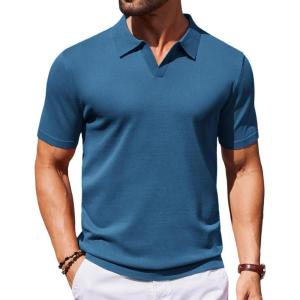 COOFANDY Mens Knit Polo Shirts V Neck Short Sleeve Stretch Polo T Shirt Casual Golf Shirts(Demin Blue)