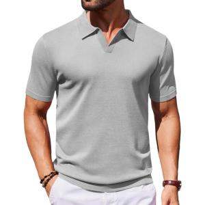 COOFANDY Mens Knit Polo Shirts V Neck Short Sleeve Stretch Polo T Shirt Casual Golf Shirts(Gray)