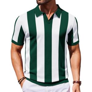 COOFANDY Mens Knit Polo Shirts V Neck Short Sleeve Stretch Polo T Shirt Casual Golf Shirts(Green – White Stripes)