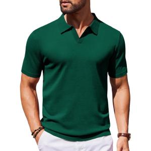 COOFANDY Mens Knit Polo Shirts V Neck Short Sleeve Stretch Polo T Shirt Casual Golf Shirts(Green)