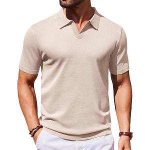 COOFANDY Mens Knit Polo Shirts V Neck Short Sleeve Stretch Polo T Shirt Casual Golf Shirts(Khaki)