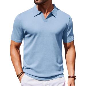 COOFANDY Mens Knit Polo Shirts V Neck Short Sleeve Stretch Polo T Shirt Casual Golf Shirts(Light Blue)