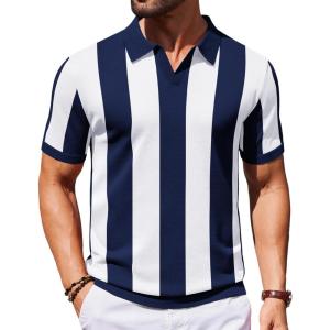 COOFANDY Mens Knit Polo Shirts V Neck Short Sleeve Stretch Polo T Shirt Casual Golf Shirts(Navy Blue – White Stripes)