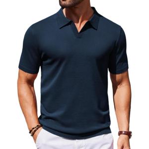 COOFANDY Mens Knit Polo Shirts V Neck Short Sleeve Stretch Polo T Shirt Casual Golf Shirts(Navy Blue)