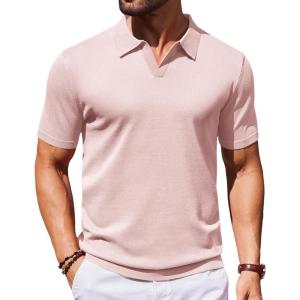 COOFANDY Mens Knit Polo Shirts V Neck Short Sleeve Stretch Polo T Shirt Casual Golf Shirts(Pink)