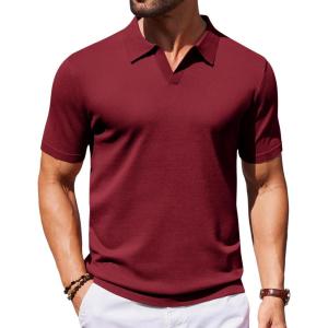 COOFANDY Mens Knit Polo Shirts V Neck Short Sleeve Stretch Polo T Shirt Casual Golf Shirts(Wine Red)