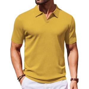 COOFANDY Mens Knit Polo Shirts V Neck Short Sleeve Stretch Polo T Shirt Casual Golf Shirts(Yellow)