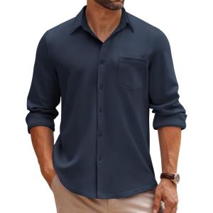 COOFANDY Mens Long Sleeve Button Down Shirt Wrinkle Free Casual Shirt for Men Untucked Shirts with Pocket for Wedding(Navy Blue)
