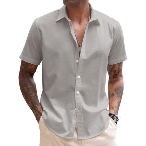 COOFANDY Mens Shirt Casual Button Down Short Sleeve Shirt Summer Cotton Linen Beach Shirts(Grey)