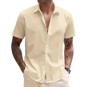 COOFANDY Mens Shirt Casual Button Down Short Sleeve Shirt Summer Cotton Linen Beach Shirts(Khaki)