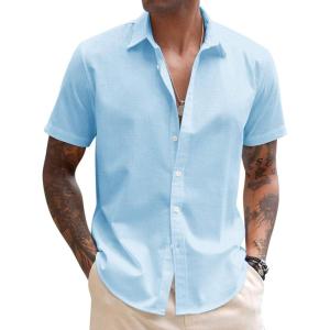 COOFANDY Mens Shirt Casual Button Down Short Sleeve Shirt Summer Cotton Linen Beach Shirts(Light Blue)