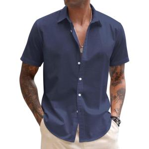 COOFANDY Mens Shirt Casual Button Down Short Sleeve Shirt Summer Cotton Linen Beach Shirts(Navy Blue)