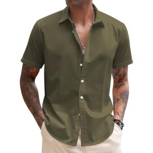 COOFANDY Mens Shirt Casual Button Down Short Sleeve Shirt Summer Cotton Linen Beach Shirts(Olive Green)
