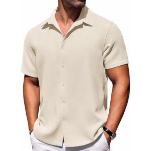 COOFANDY Mens Short Sleeve Button Down Shirts Waffle Shirt Casual Beach Summer Shirts Wrinkle Free Vacation Shirts(Beige)
