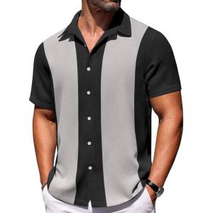 COOFANDY Mens Short Sleeve Button Down Shirts Waffle Shirt Casual Beach Summer Shirts Wrinkle Free Vacation Shirts(Black Ash Combo)