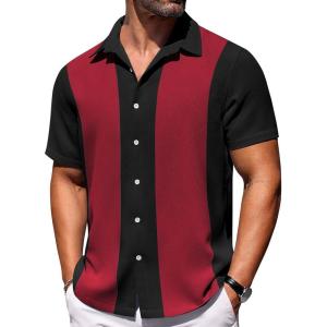 COOFANDY Mens Short Sleeve Button Down Shirts Waffle Shirt Casual Beach Summer Shirts Wrinkle Free Vacation Shirts(Black Burgundy Combo)