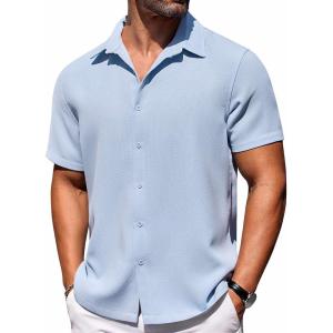 COOFANDY Mens Short Sleeve Button Down Shirts Waffle Shirt Casual Beach Summer Shirts Wrinkle Free Vacation Shirts(Blue)
