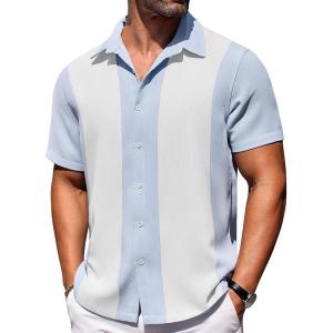 COOFANDY Mens Short Sleeve Button Down Shirts Waffle Shirt Casual Beach Summer Shirts Wrinkle Free Vacation Shirts(Blue White)