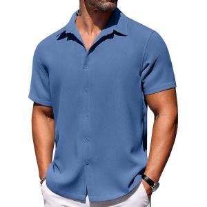 COOFANDY Mens Short Sleeve Button Down Shirts Waffle Shirt Casual Beach Summer Shirts Wrinkle Free Vacation Shirts(Dark Blue)