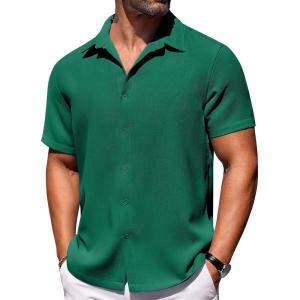 COOFANDY Mens Short Sleeve Button Down Shirts Waffle Shirt Casual Beach Summer Shirts Wrinkle Free Vacation Shirts(Green)