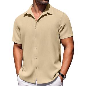 COOFANDY Mens Short Sleeve Button Down Shirts Waffle Shirt Casual Beach Summer Shirts Wrinkle Free Vacation Shirts(Khaki)