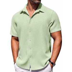 COOFANDY Mens Short Sleeve Button Down Shirts Waffle Shirt Casual Beach Summer Shirts Wrinkle Free Vacation Shirts(Light Green)