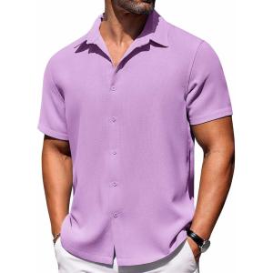 COOFANDY Mens Short Sleeve Button Down Shirts Waffle Shirt Casual Beach Summer Shirts Wrinkle Free Vacation Shirts(Light Purple)