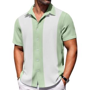 COOFANDY Mens Short Sleeve Button Down Shirts Waffle Shirt Casual Beach Summer Shirts Wrinkle Free Vacation Shirts(Mint White Combo)