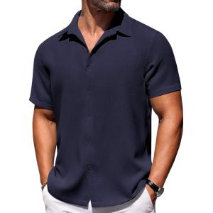 COOFANDY Mens Short Sleeve Button Down Shirts Waffle Shirt Casual Beach Summer Shirts Wrinkle Free Vacation Shirts(Navy Blue)