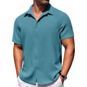 COOFANDY Mens Short Sleeve Button Down Shirts Waffle Shirt Casual Beach Summer Shirts Wrinkle Free Vacation Shirts(Peacock Blue)
