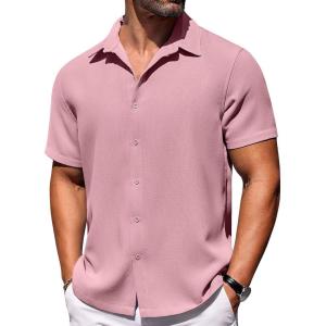 COOFANDY Mens Short Sleeve Button Down Shirts Waffle Shirt Casual Beach Summer Shirts Wrinkle Free Vacation Shirts(Pink)
