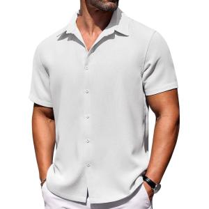 COOFANDY Mens Short Sleeve Button Down Shirts Waffle Shirt Casual Beach Summer Shirts Wrinkle Free Vacation Shirts(White)