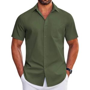 COOFANDY Mens Short Sleeve Dress Shirts Wrinkle Free Business Casual Button Down Shirt with Pocket(Army Green)