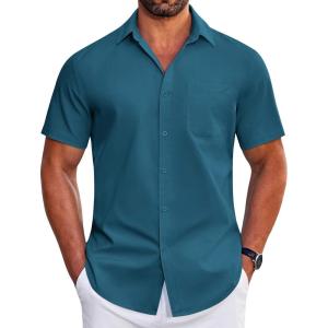 COOFANDY Mens Short Sleeve Dress Shirts Wrinkle Free Business Casual Button Down Shirt with Pocket(Blue)