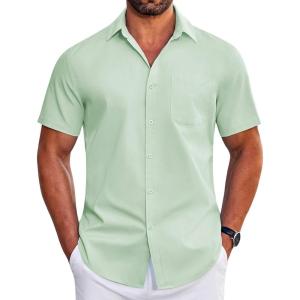COOFANDY Mens Short Sleeve Dress Shirts Wrinkle Free Business Casual Button Down Shirt with Pocket(Light Green)