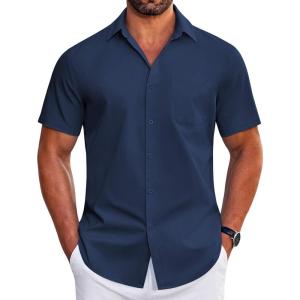 COOFANDY Mens Short Sleeve Dress Shirts Wrinkle Free Business Casual Button Down Shirt with Pocket(Navy Blue)