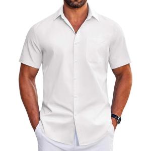 COOFANDY Mens Short Sleeve Dress Shirts Wrinkle Free Business Casual Button Down Shirt with Pocket(White)