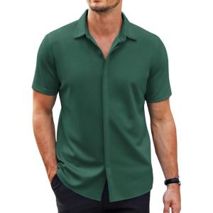 COOFANDY Mens Short Sleeve Wrinkle Free Shirt Casual Button Down Shirt Summer Dress Shirt(Lake Green)