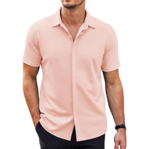 COOFANDY Mens Short Sleeve Wrinkle Free Shirt Casual Button Down Shirt Summer Dress Shirt(Light Pink)
