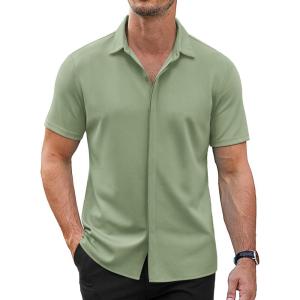 COOFANDY Mens Short Sleeve Wrinkle Free Shirt Casual Button Down Shirt Summer Dress Shirt(Moon Green)